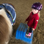 Mädchen auf Aufstieghilfe vor Pony